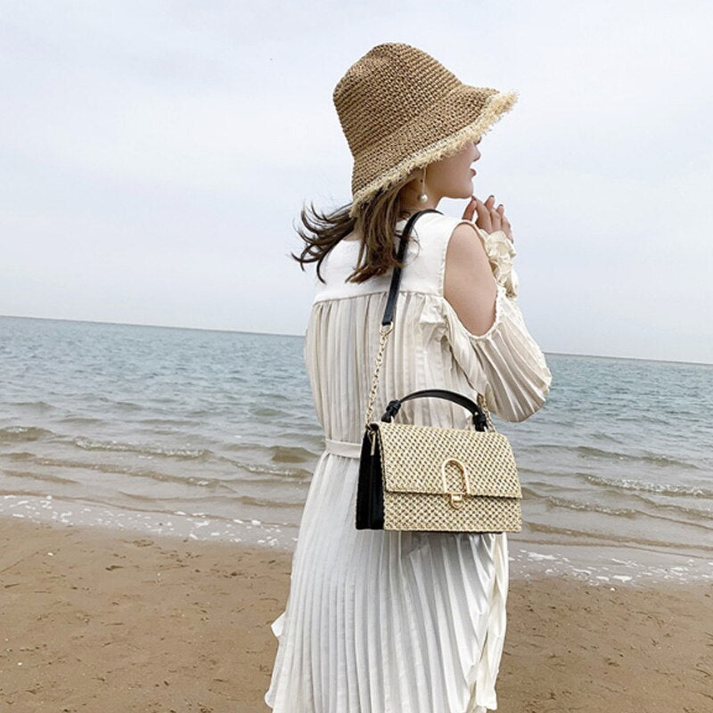 Straw + Pu Bag Handbag Female Summer Rattan Bag Hand-Woven Beach Bohemian Style Handbag Fashion Shoulder Bag - ebowsos