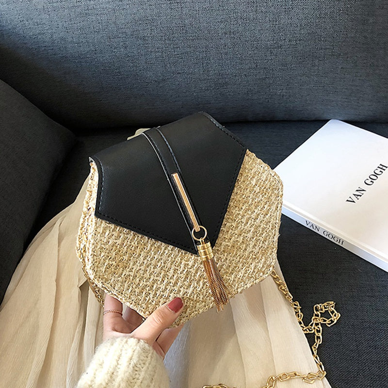 Straw Tassel Beach Woven Women Bags Hexagon Summer Chain Knitting Shoulder Crossbody Small Handbag Messenger - ebowsos