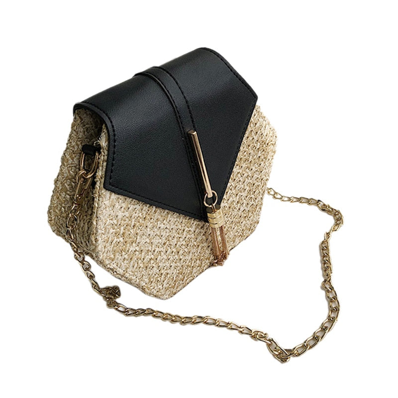 Straw Tassel Beach Woven Women Bags Hexagon Summer Chain Knitting Shoulder Crossbody Small Handbag Messenger - ebowsos