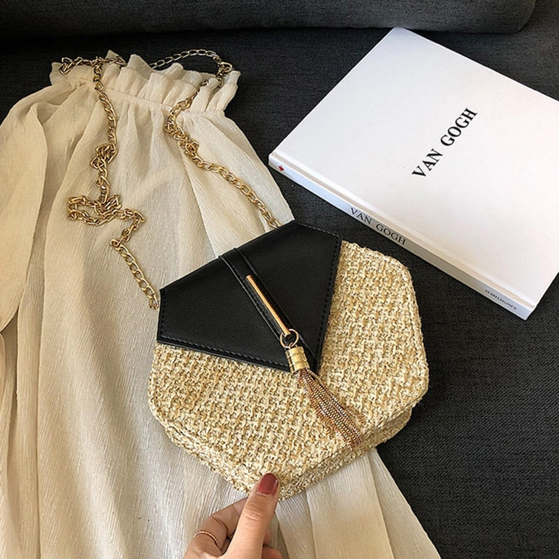 Straw Tassel Beach Woven Women Bags Hexagon Summer Chain Knitting Shoulder Crossbody Small Handbag Messenger - ebowsos