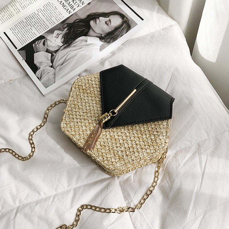 Straw Tassel Beach Woven Women Bags Hexagon Summer Chain Knitting Shoulder Crossbody Small Handbag Messenger - ebowsos