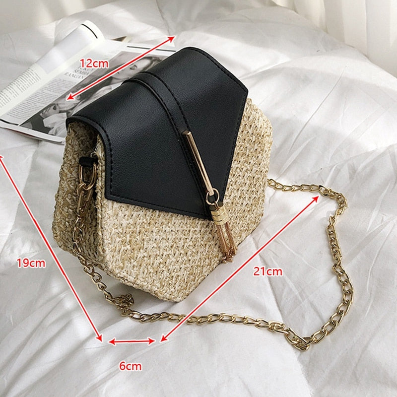 Straw Tassel Beach Woven Women Bags Hexagon Summer Chain Knitting Shoulder Crossbody Small Handbag Messenger - ebowsos