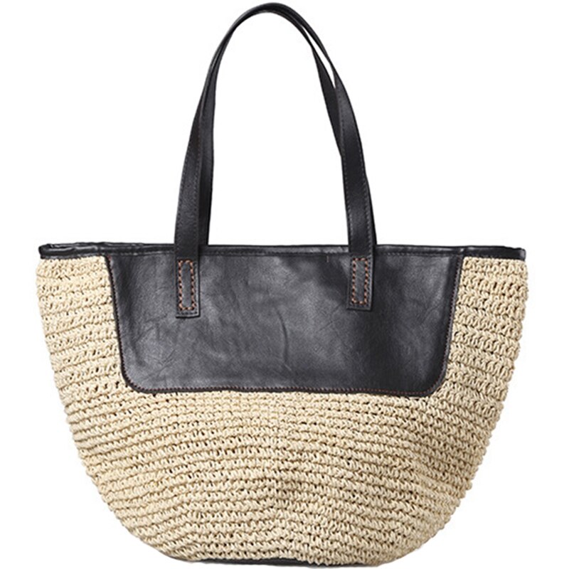 Straw Tote Handbags For Women Beach Bags Woven Straw Purses Shoulder Bags For Girls Summer Outfits, Khaki And Black - ebowsos