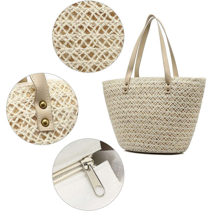 Straw Tote Handbags For Women Beach Bags Woven Straw Purses Shoulder Bags For Girls Summer Outfits,White - ebowsos