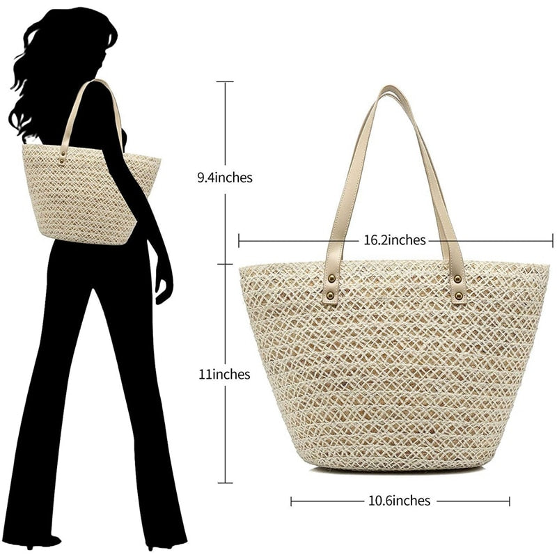 Straw Tote Handbags For Women Beach Bags Woven Straw Purses Shoulder Bags For Girls Summer Outfits,White - ebowsos