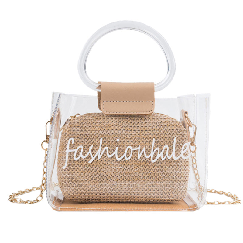 Straw Weaving Letter Print Transparent Bag For Women Chain Summer Beach Bag Lady Ring Handle Shoulder Bag Mini Handbag - ebowsos