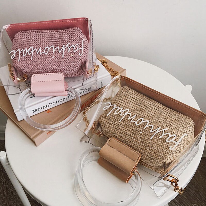 Straw Weaving Letter Print Transparent Bag For Women Chain Summer Beach Bag Lady Ring Handle Shoulder Bag Mini Handbag - ebowsos