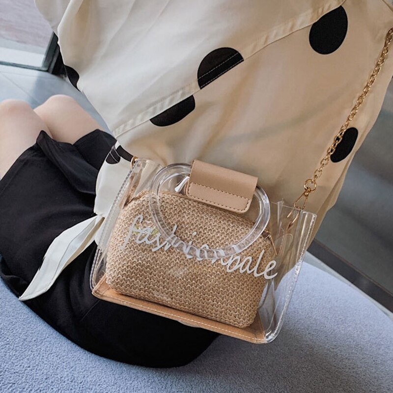 Straw Weaving Letter Print Transparent Bag For Women Chain Summer Beach Bag Lady Ring Handle Shoulder Bag Mini Handbag - ebowsos