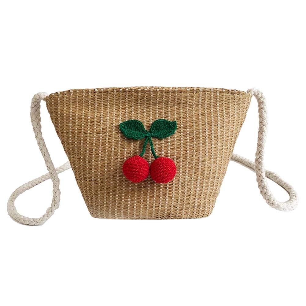 Straw Woman Bag with Cherry Shoulder bags Beach Girls Small Messenger Rattan Bags Shoulder Wicker Bags - ebowsos