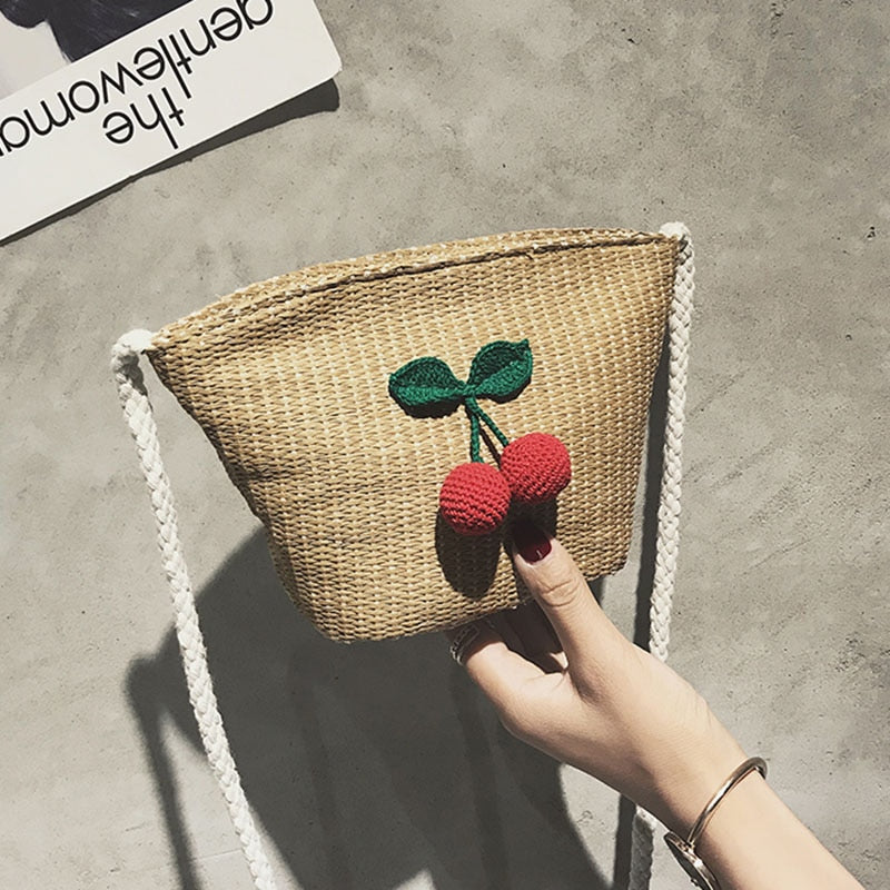 Straw Woman Bag with Cherry Shoulder bags Beach Girls Small Messenger Rattan Bags Shoulder Wicker Bags - ebowsos