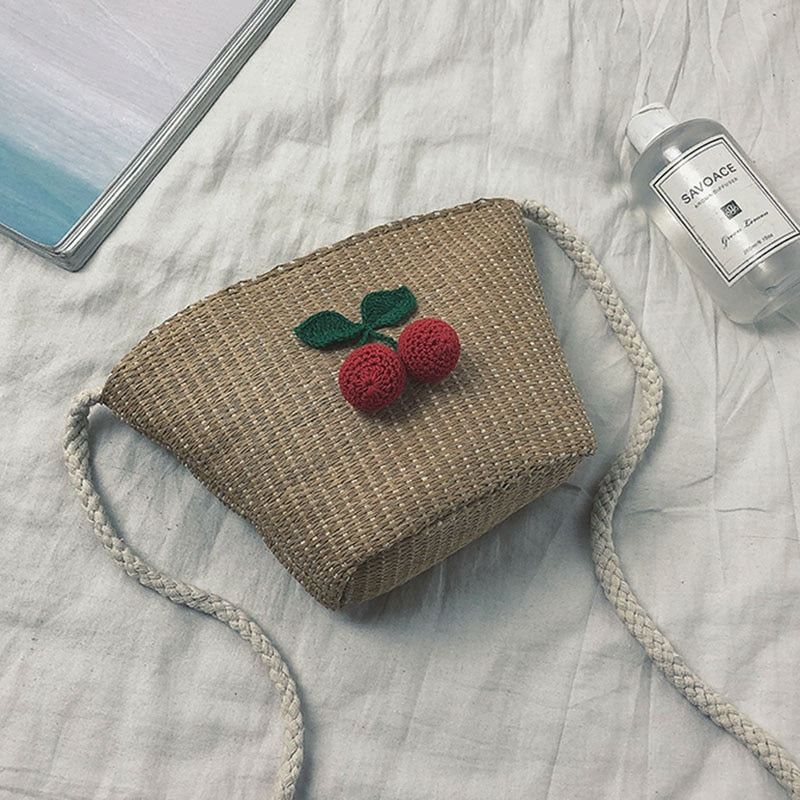 Straw Woman Bag with Cherry Shoulder bags Beach Girls Small Messenger Rattan Bags Shoulder Wicker Bags - ebowsos