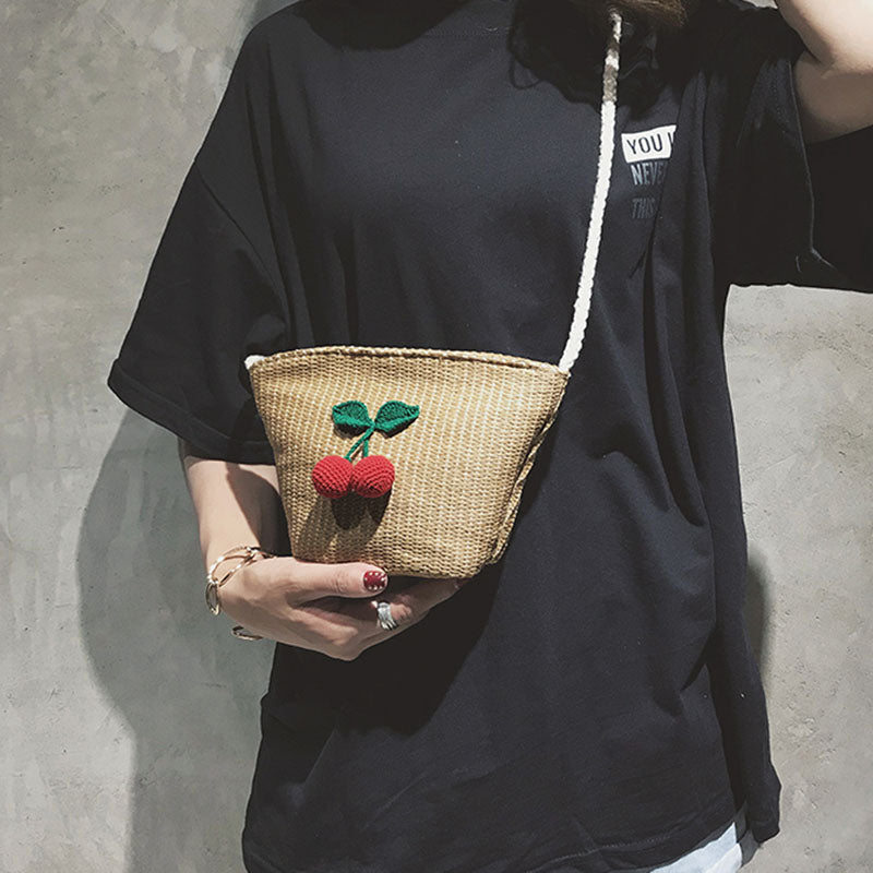 Straw Woman Bag with Cherry Shoulder bags Beach Girls Small Messenger Rattan Bags Shoulder Wicker Bags - ebowsos