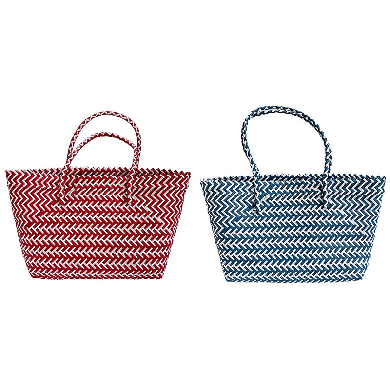 Striped Grocery Basket Woven Shopping Bag Women Quality Handbags Large Capacity Beach Bag Tote Ladies Handbags Bolsa Femi - ebowsos