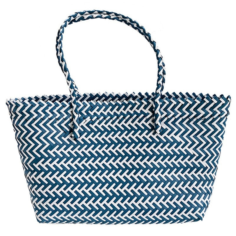 Striped Grocery Basket Woven Shopping Bag Women Quality Handbags Large Capacity Beach Bag Tote Ladies Handbags Bolsa Femi - ebowsos