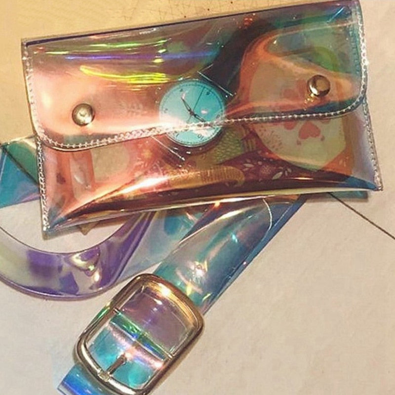 Stylish Pvc Holographic Waist Fanny Pack Belt Bag Travel Phone Purse For Women,Multicoloured - ebowsos