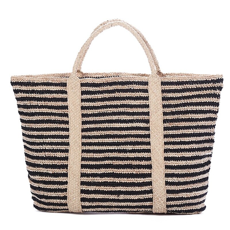 Summer Beach Bag French Style Straw Bag Women Striped Tote Woven Hollow Out Handbags Elegant Vintage Handbags - ebowsos