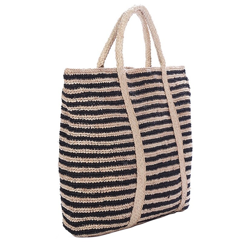 Summer Beach Bag French Style Straw Bag Women Striped Tote Woven Hollow Out Handbags Elegant Vintage Handbags - ebowsos