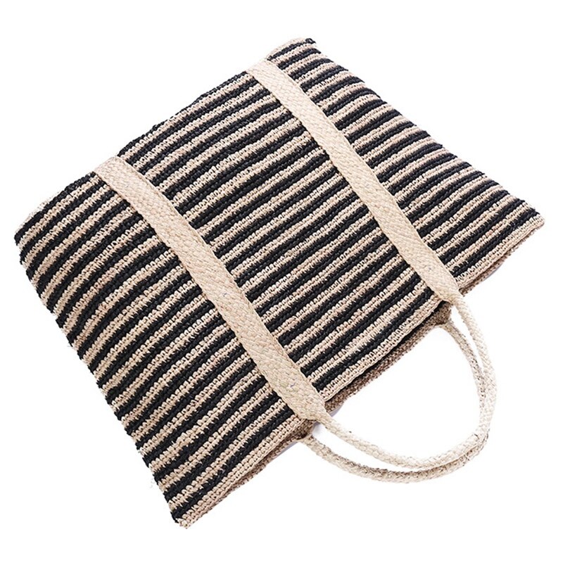 Summer Beach Bag French Style Straw Bag Women Striped Tote Woven Hollow Out Handbags Elegant Vintage Handbags - ebowsos