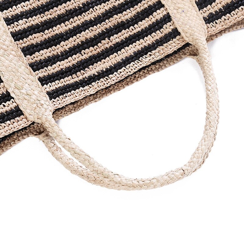 Summer Beach Bag French Style Straw Bag Women Striped Tote Woven Hollow Out Handbags Elegant Vintage Handbags - ebowsos