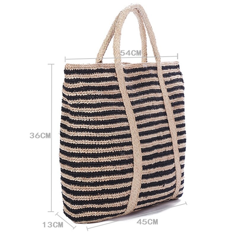 Summer Beach Bag French Style Straw Bag Women Striped Tote Woven Hollow Out Handbags Elegant Vintage Handbags - ebowsos