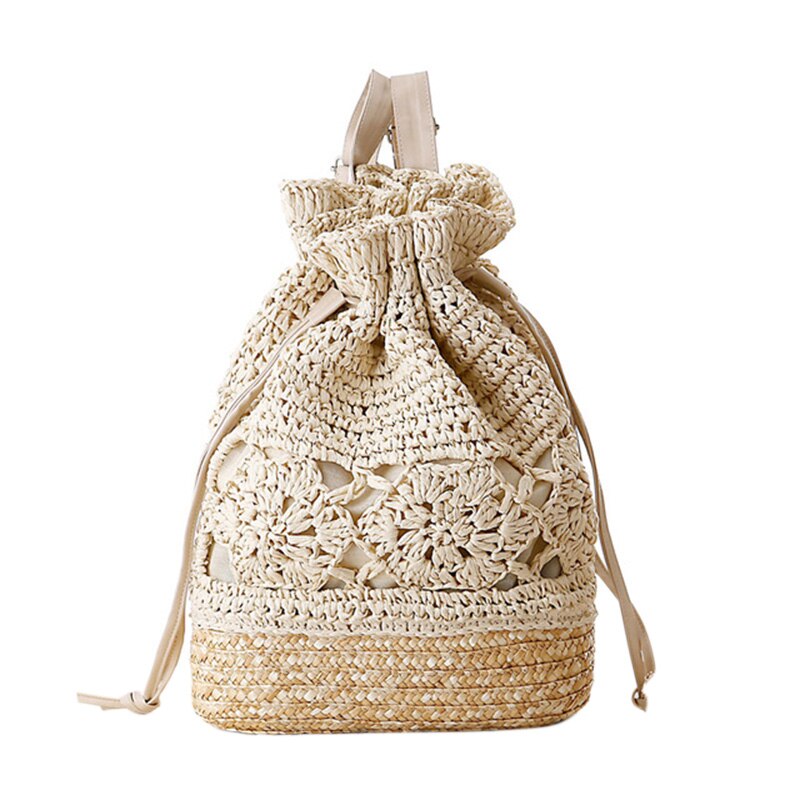 Summer Drawstring Lace Crochet Straw Beach Bags Designer Female Hollow Out Flower Handmade Knitted Backpack - ebowsos