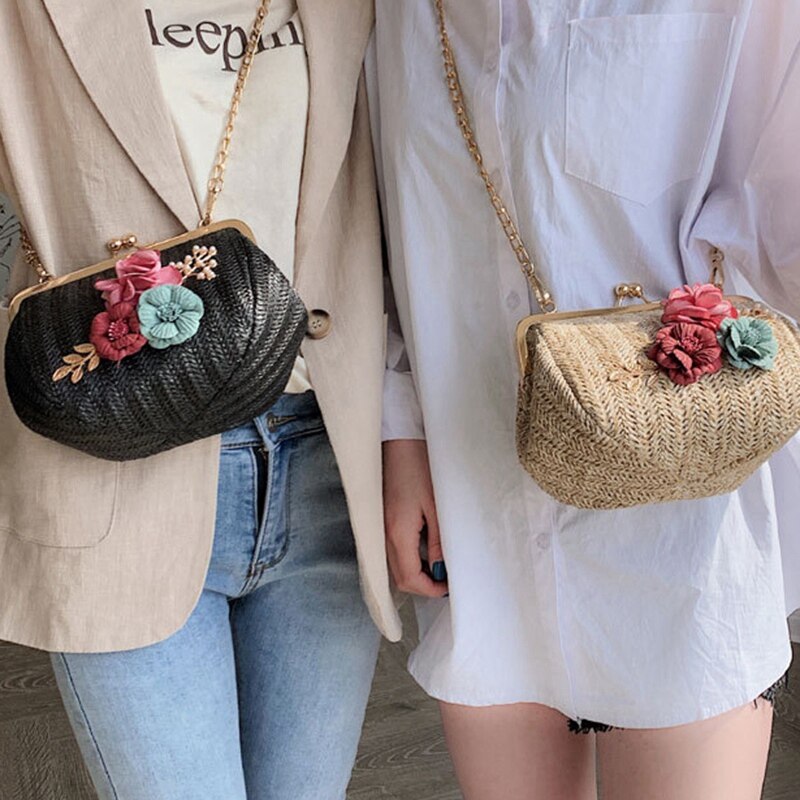 Summer Flower Straw Bag Ladies Floral Evening Bags Fashion Small Chains Shoulder Bag Travel Beach Woven Bags - ebowsos