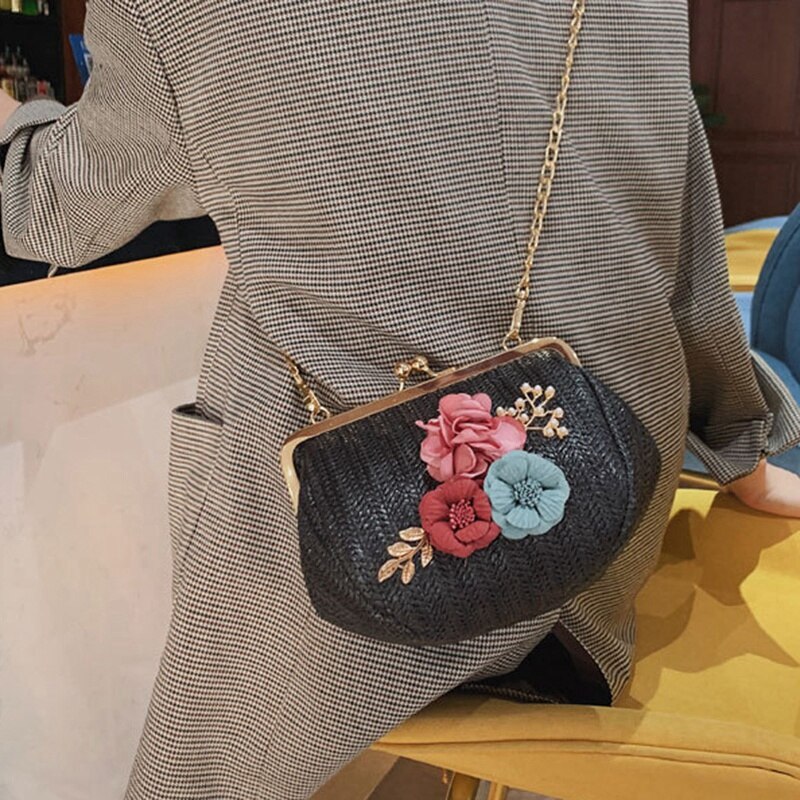 Summer Flower Straw Bag Ladies Floral Evening Bags Fashion Small Chains Shoulder Bag Travel Beach Woven Bags - ebowsos