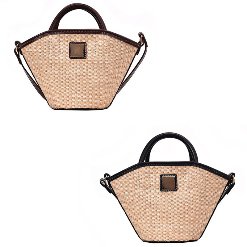 Summer Hand-Woven Bucket Bag Retro Large Capacity Shoulder Messenger Bag Beach Bag - ebowsos