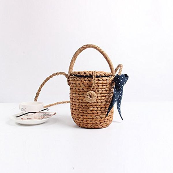 Summer New Cylinder With Straw Bag Wave Scarf Cloth Woven Leisure Activities Bag Ribbon Messenger Bag Portable Shovel - ebowsos