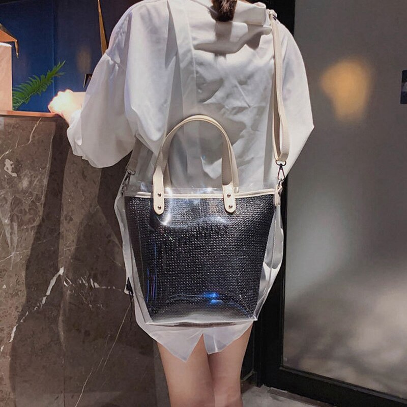 Summer New Fashion Portable Transparent Big Bag European And American Fashion Casual Shoulder Bag Diagonal Big Bag - ebowsos