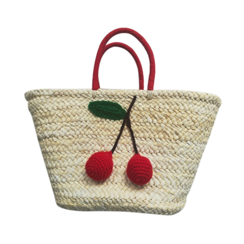 Summer Shopping Large Totes Boho Bags Red Cherry Pom Ball Design Beach Bag Handmade Woven Straw Handbags for Women Should - ebowsos