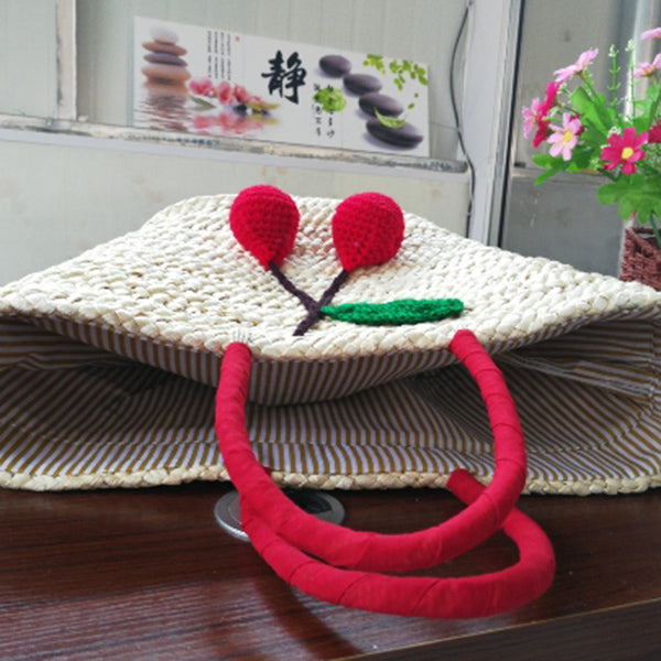 Summer Shopping Large Totes Boho Bags Red Cherry Pom Ball Design Beach Bag Handmade Woven Straw Handbags for Women Should - ebowsos