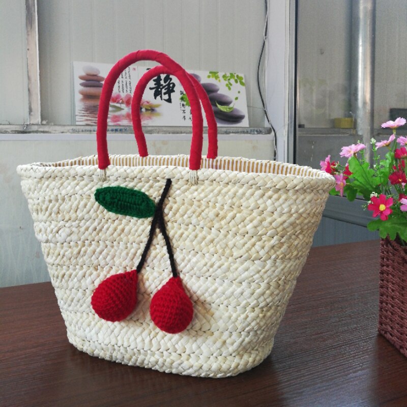 Summer Shopping Large Totes Boho Bags Red Cherry Pom Ball Design Beach Bag Handmade Woven Straw Handbags for Women Should - ebowsos