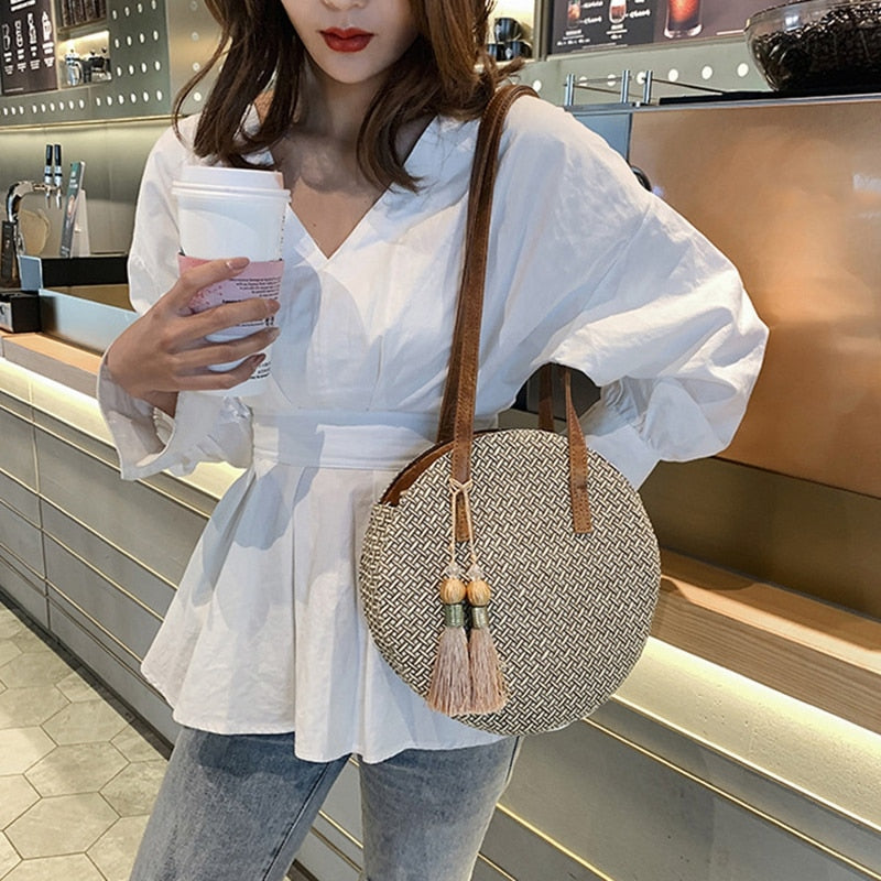 Summer Women Bags Ladies Large Handbag Hand women Straw Bag Round Popularity Straw Women Shoulder Bag Beach Travel Bags T - ebowsos