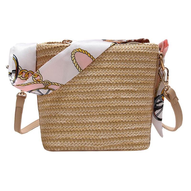Summer Women Durable Weave Straw Beach Bags Feminine Woven Bucket Bag Grass Casual Silk Riband Handbags Knitting Rattan B - ebowsos