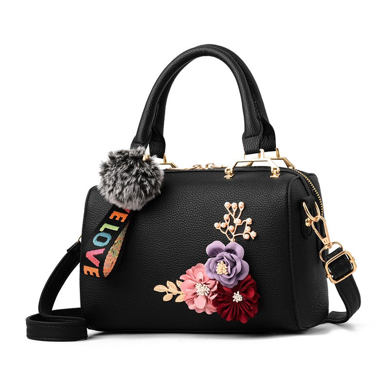 Summer Women bags Floral women's Leather handbag Fashion Elegant Shoulder bag Barrel-shaped Tote bag black - ebowsos