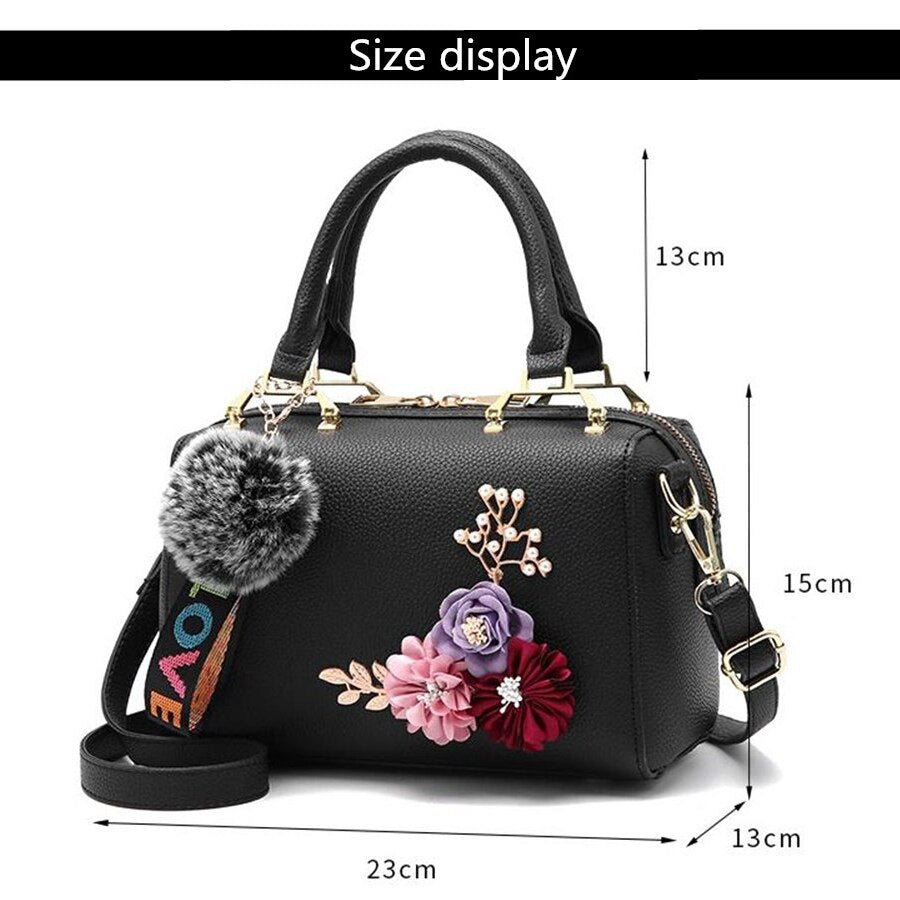 Summer Women bags Floral women's Leather handbag Fashion Elegant Shoulder bag Barrel-shaped Tote bag black - ebowsos