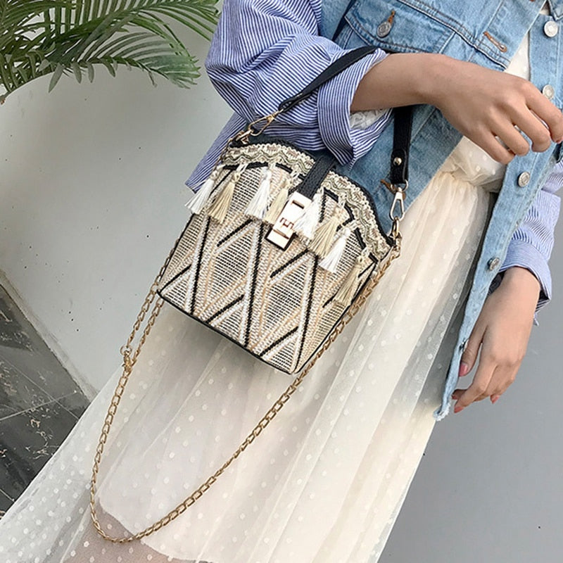 Tassel Beach Bag Straw Rattan Summer Bags For Women 2019 Luxury Handbags Bohemian Tote Shoulder Bag Bucket - ebowsos