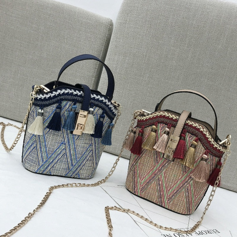 Tassel Beach Bag Straw Rattan Summer Bags For Women 2019 Luxury Handbags Bohemian Tote Shoulder Bag Bucket - ebowsos