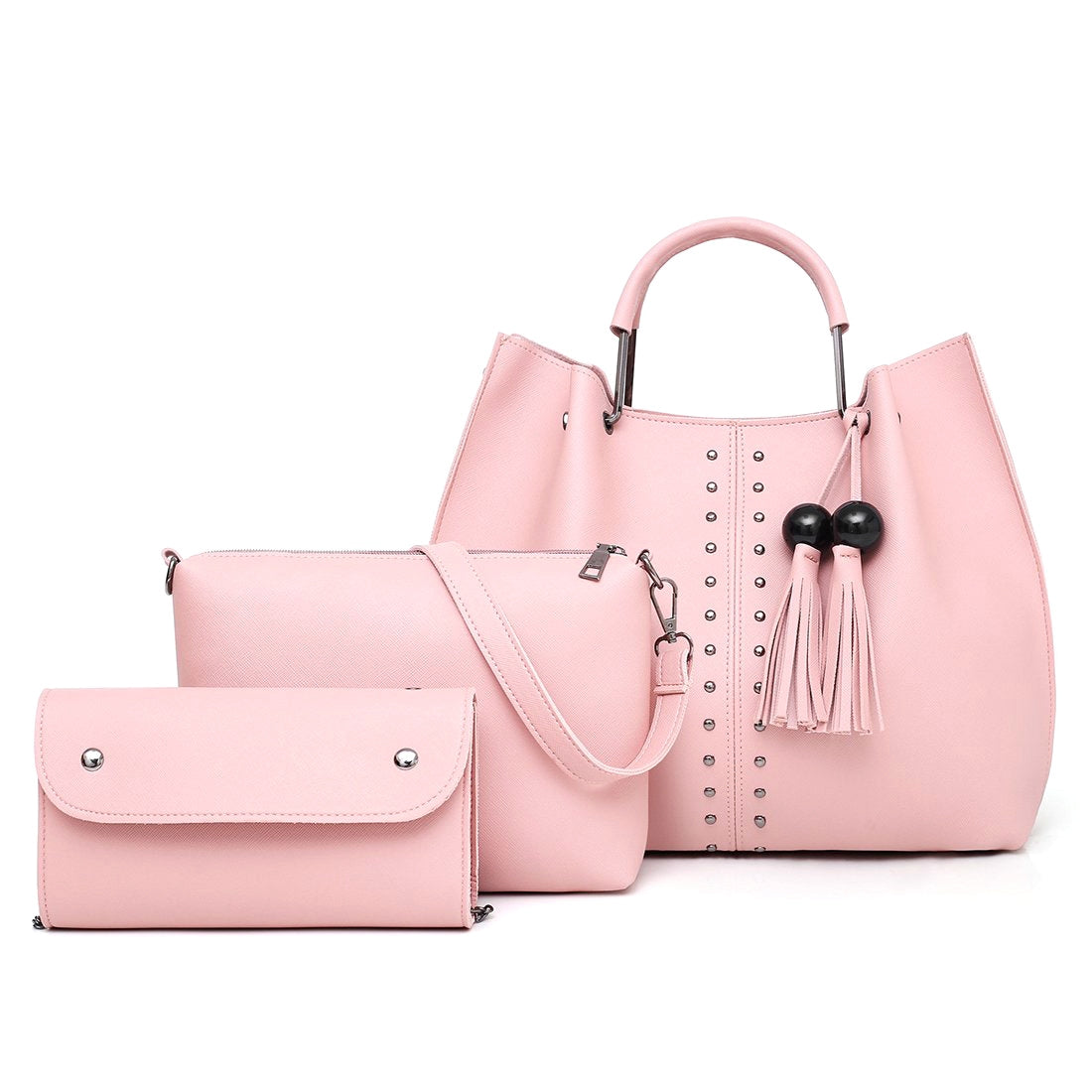 Tassel Handbag For Women Pu Leather Shoulder Bag Tote Satchel 3 Pcs Purse With Zipper Rivet - ebowsos