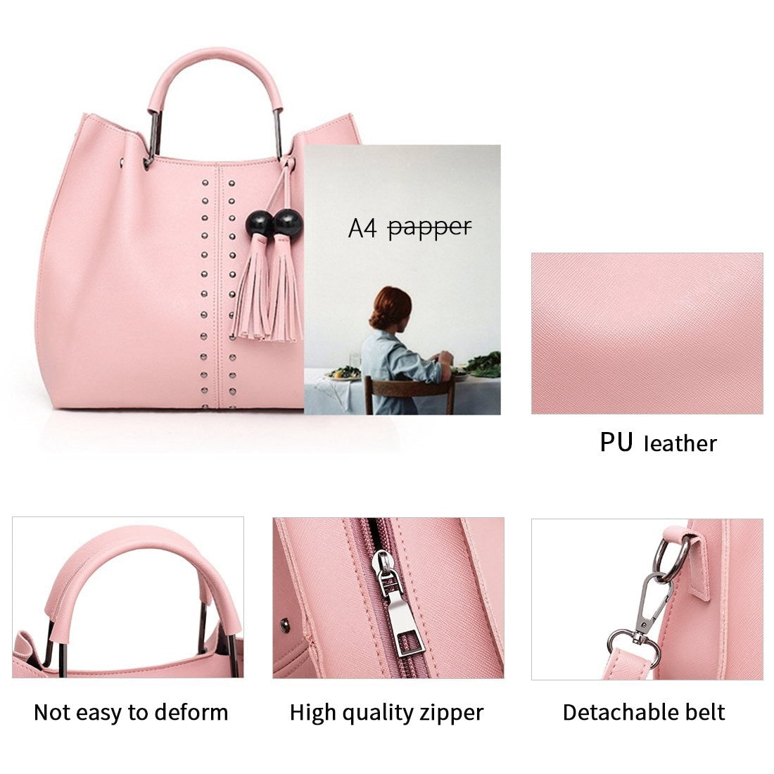 Tassel Handbag For Women Pu Leather Shoulder Bag Tote Satchel 3 Pcs Purse With Zipper Rivet - ebowsos