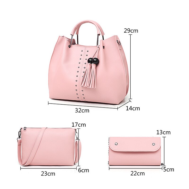 Tassel Handbag For Women Pu Leather Shoulder Bag Tote Satchel 3 Pcs Purse With Zipper Rivet - ebowsos