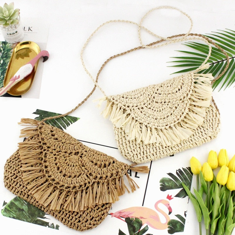 Tassel Straw Bag Paper Rope Hook Flower Big Flip Hand-Women Bag Casual Handbag Beach Bag - ebowsos