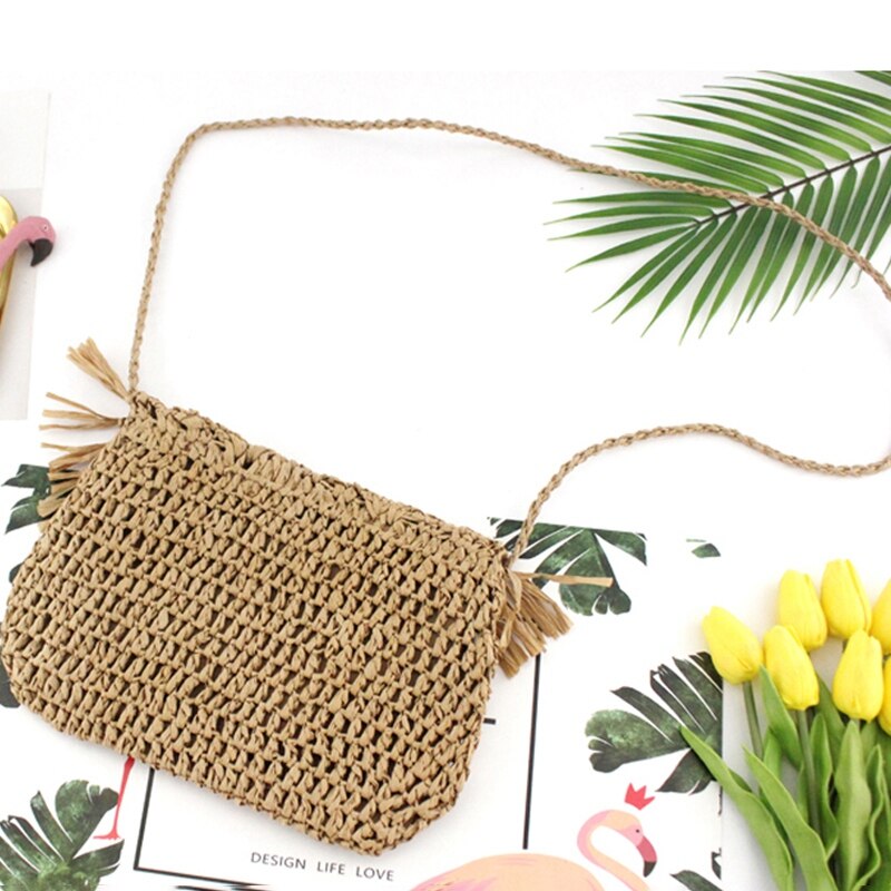 Tassel Straw Bag Paper Rope Hook Flower Big Flip Hand-Women Bag Casual Handbag Beach Bag - ebowsos