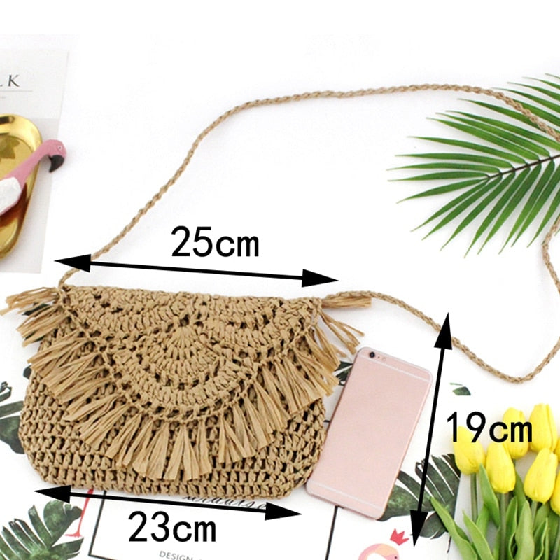 Tassel Straw Bag Paper Rope Hook Flower Big Flip Hand-Women Bag Casual Handbag Beach Bag - ebowsos