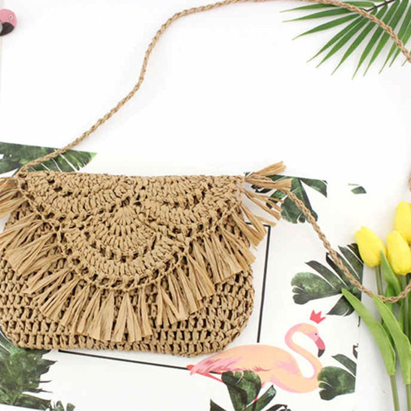 Tassel Straw Bag Paper Rope Hook Flower Big Flip Hand-Women Bag Casual Handbag Beach Bag - ebowsos