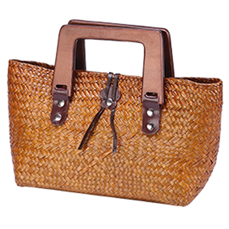 Thai Version Of The Hand-Woven Bread Straw Bag Woven Bag Wooden Handle Retro Ladies Handbag Beach Bag - ebowsos