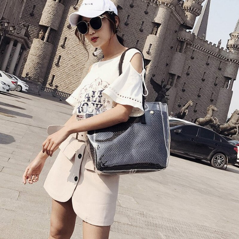 Tourism Beach Big Bag Female Summer Transparent Jelly Woven Shoulder Bag Large Capacity Handbag - ebowsos