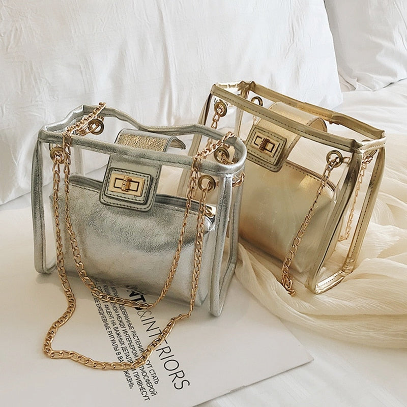 Transparent Ladies Bag Jelly Chain Ladies Handbag Beach Shoulder Bag Holographic Wallet And Handbag - ebowsos