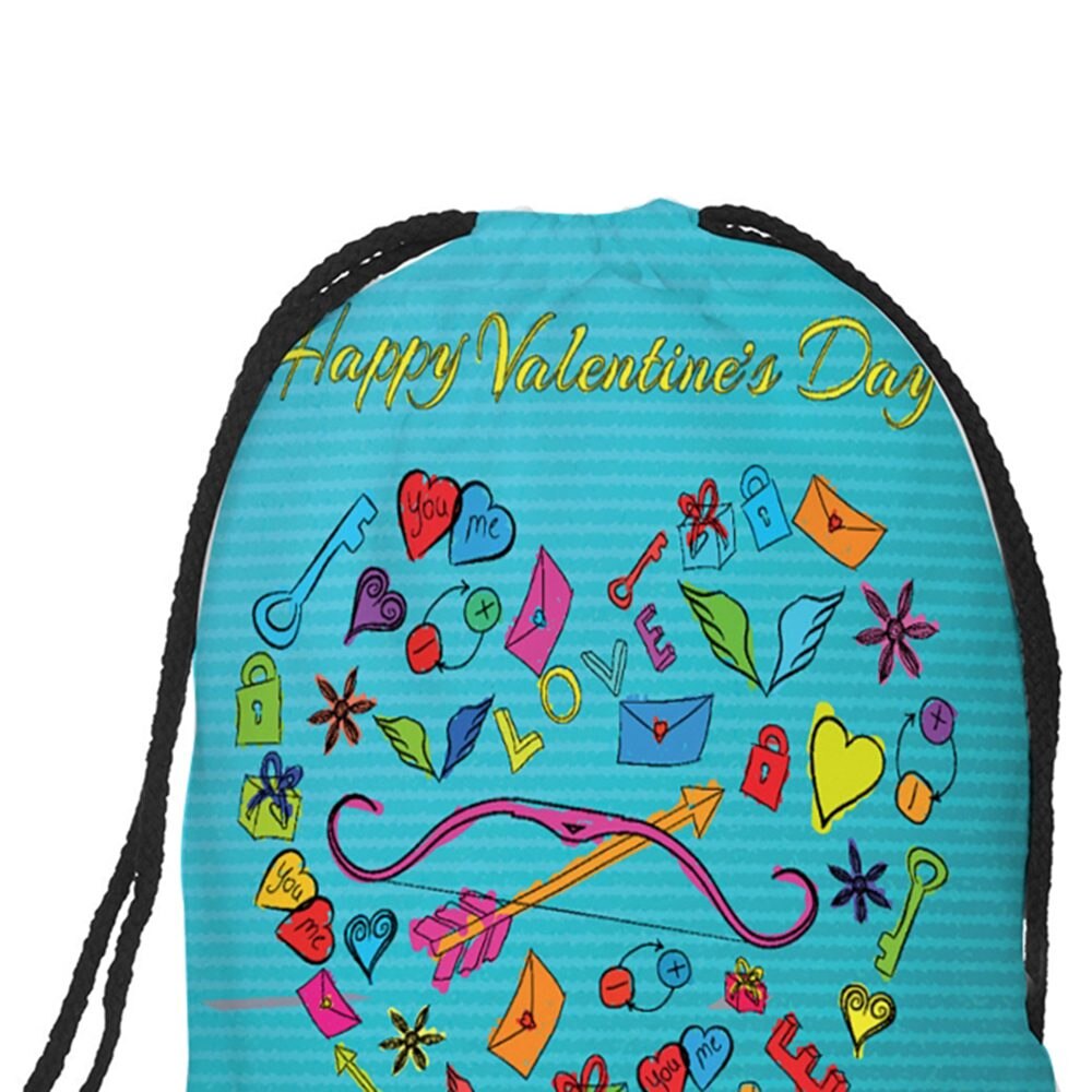 Valentine's Day Digital Print Bundle Backpack bag with rope backpack With English "Happy Valentine's Day" heart / key / b - ebowsos